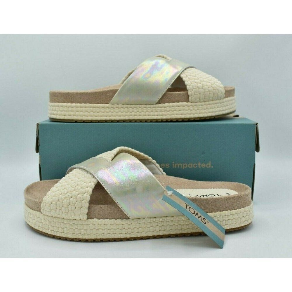 Toms Womens Size 9 Silver Iridescent Leather Woven Trim Paloma Platform Slide - Picture 4 of 10